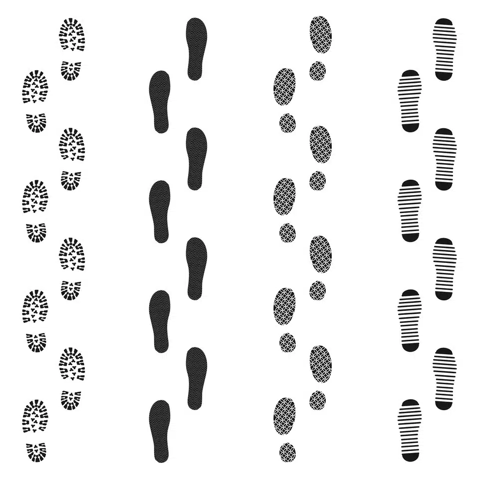 Illustration of four different shoe footprint types with varying traction and grip