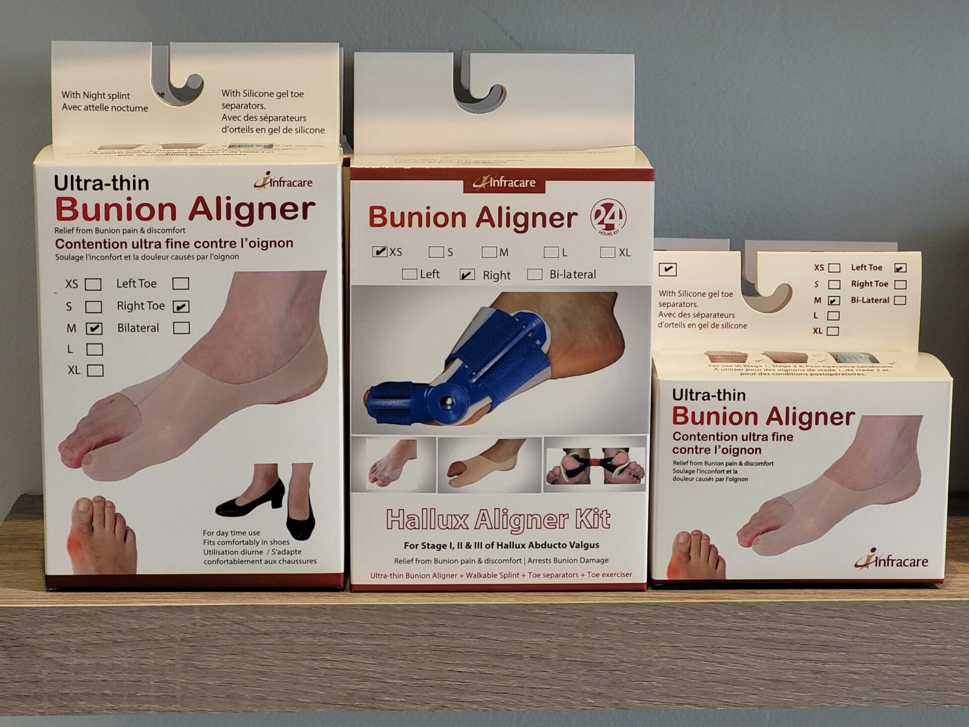 Bunion aligners can help treat bunions. Close up of bunion products.