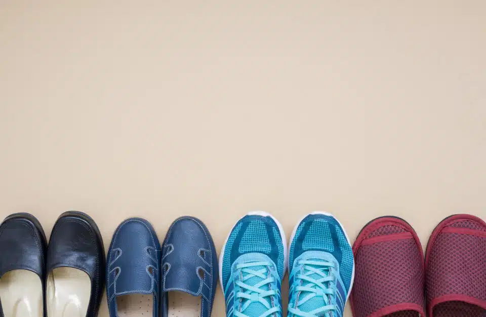 Close up of several types of shoes in a line