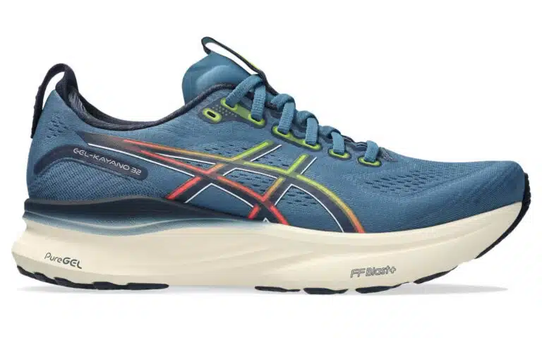 ASICS Hel Kayano in mostly blue with red and yellow design lines and white rubber outsole