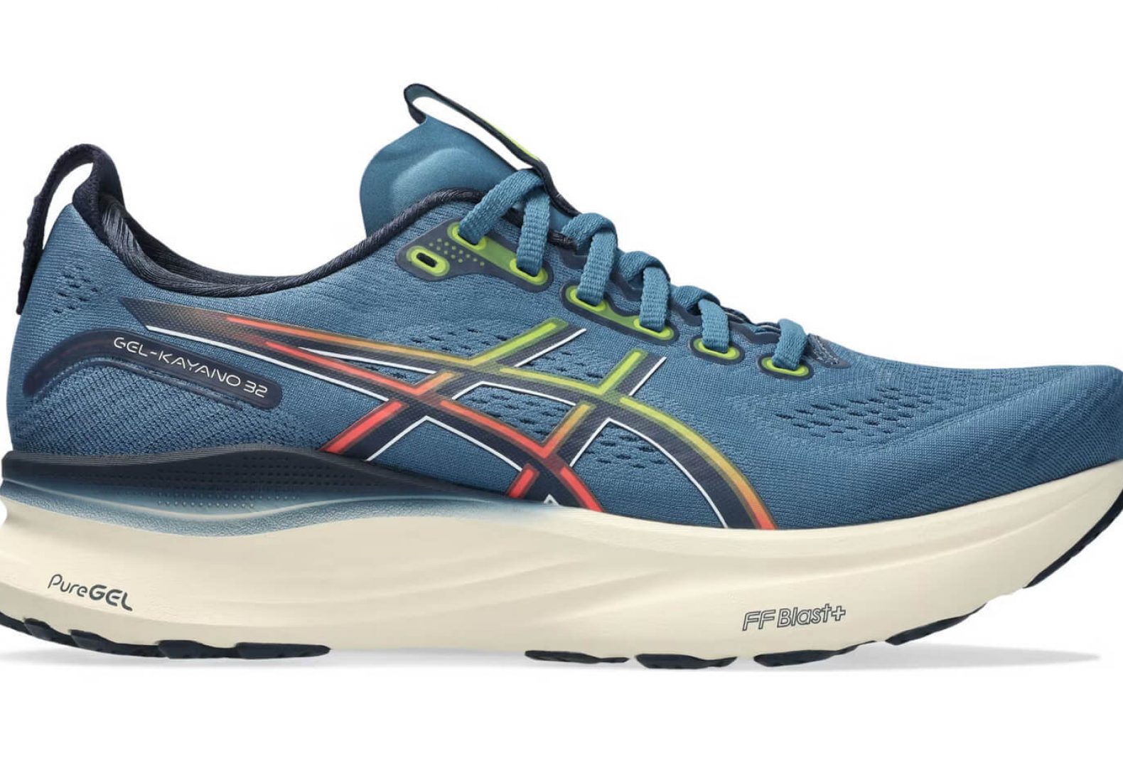 ASICS Hel Kayano in mostly blue with red and yellow design lines and white rubber outsole