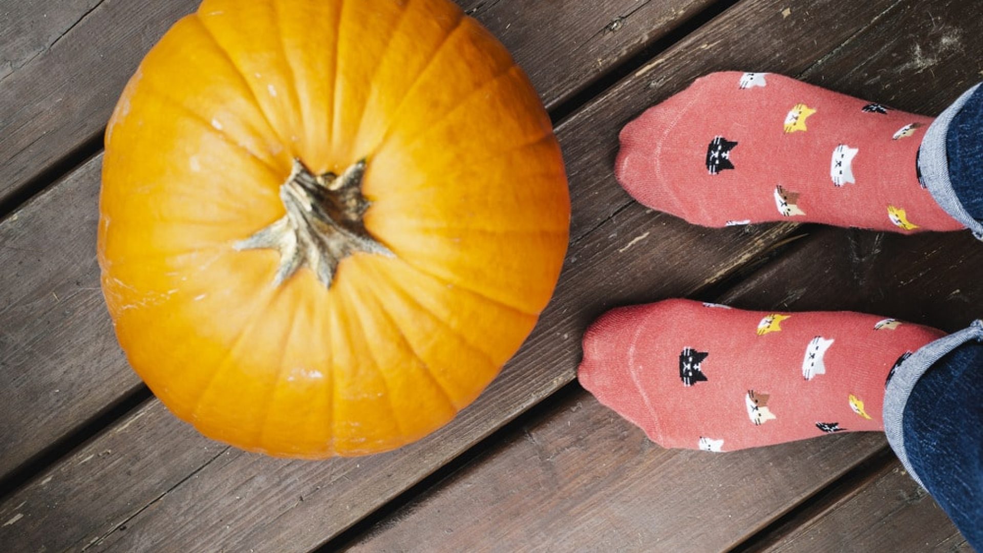 Person with fun fall socks standing next to a fall pumpkin