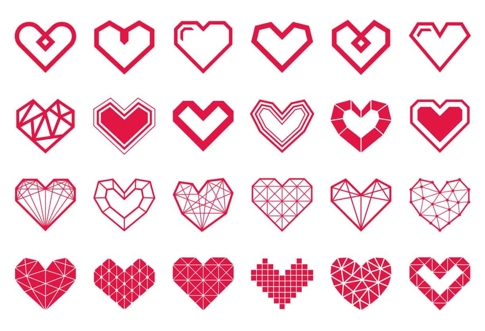 Geometric vector hearts icons. Different variations and shapes.