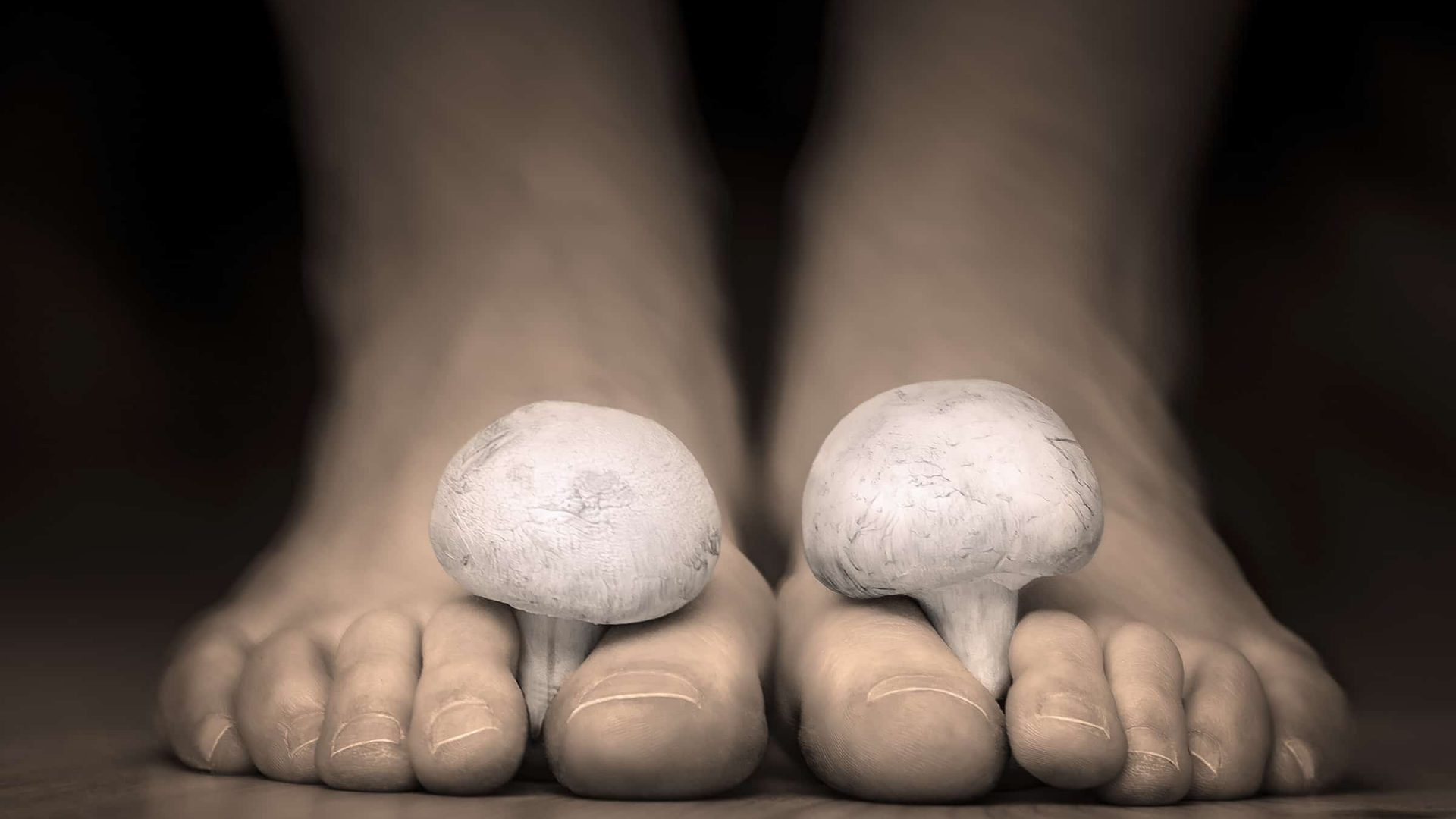 Mushrooms between the toes feet imitating toes fungus