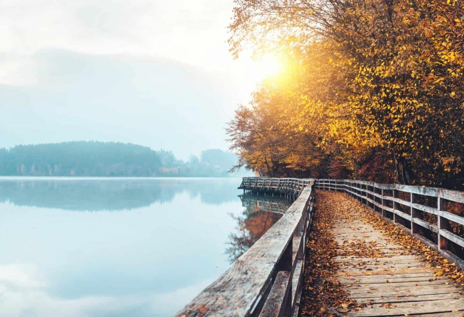 Wooden path by the misty lake. Early morning view with sun shinning through the fog.