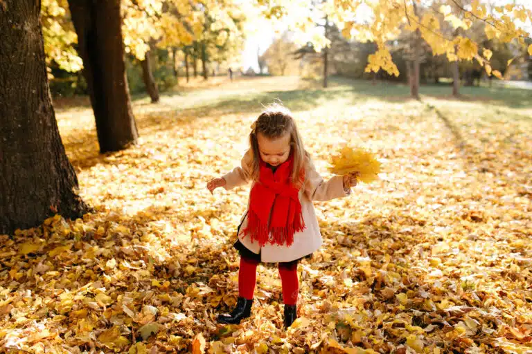 young girl with red scarf and pink coat grabbing fall leaves having fun in fall leaves