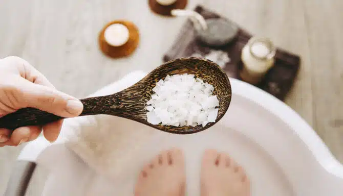 Close up of bath salt in a foot bath