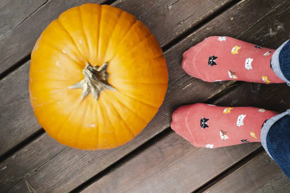 Person with fun fall socks standing next to a fall pumpkin