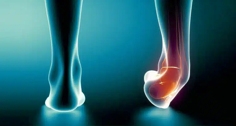 blue and black image of two feet one with a rolled ankle and red insides depicting ankle sprain